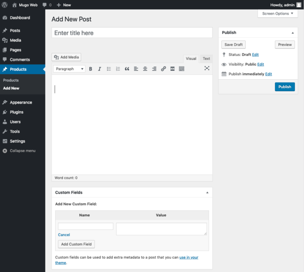 Displays the WordPress administration panel with a New Post screen.