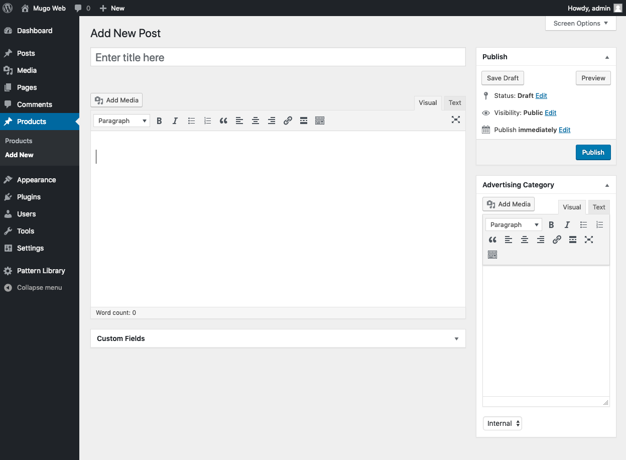 Displays the WordPress administration panel with a New Post screen AND a WYSIWYG editor in the sidebar.