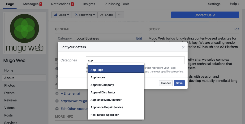 A screenshot of a Facebook Page's settings area.