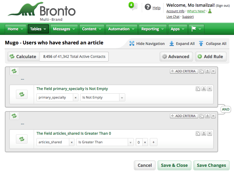 A Bronto list filter displaying two rules.