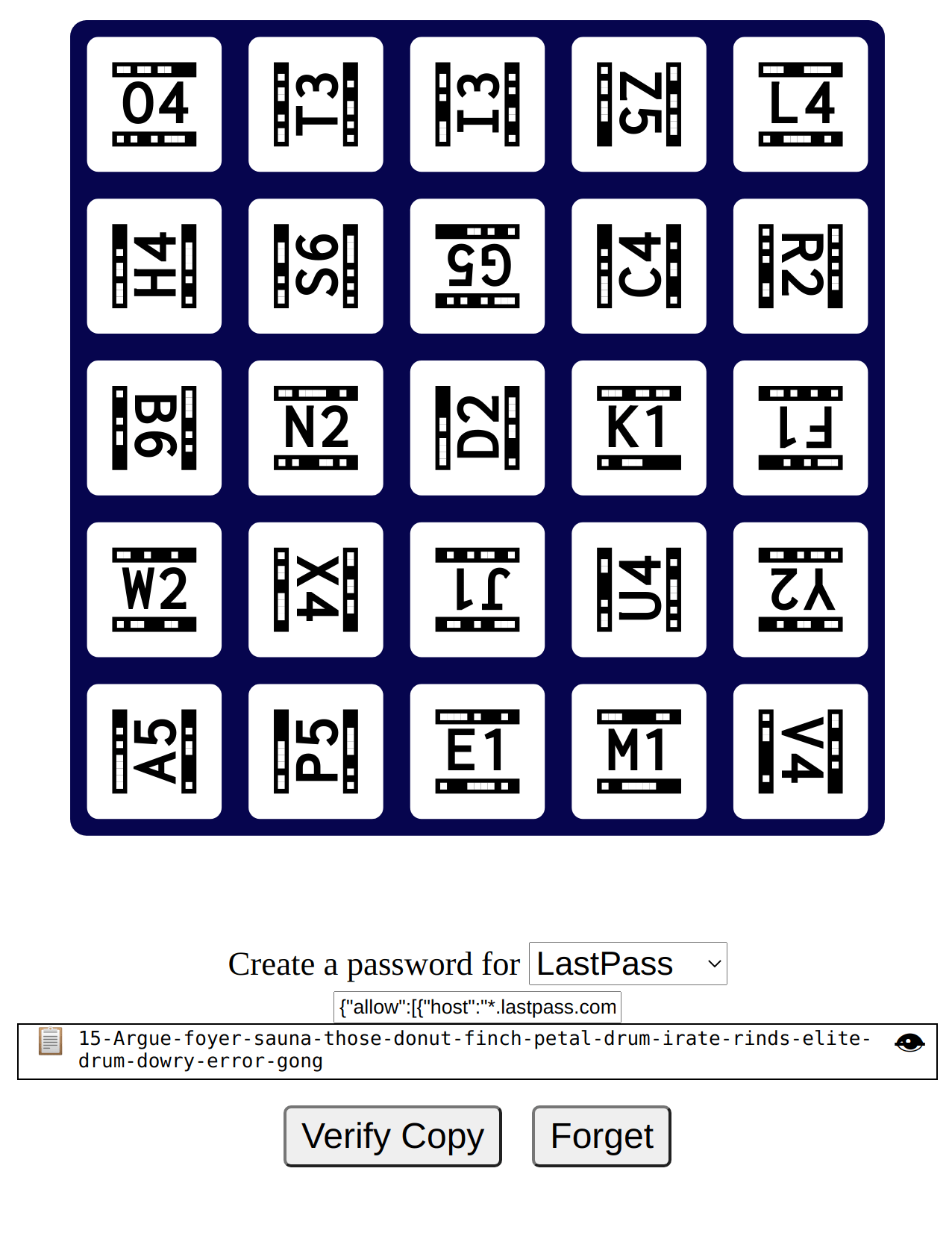 A sample dice roll using DiceKeys